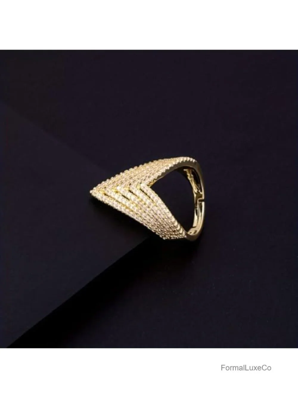 V Shape CZ Crystal Ring Gold Adjustable Open Band Wedding Engagement Statement